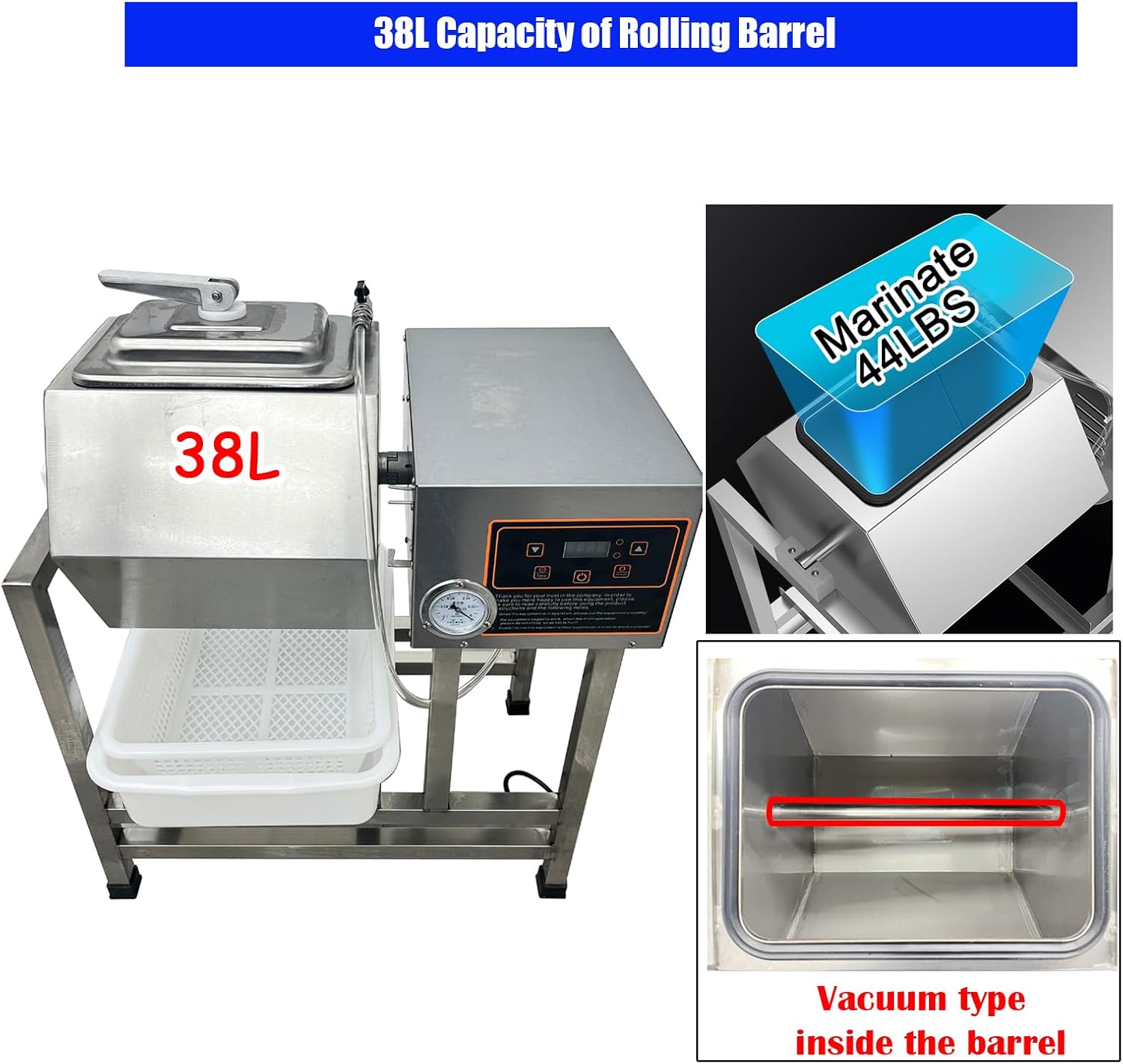 38L Food Marinator, Vacuum Meat Vegetable Marinator, Vacuum Curing Machine, 360° Rotation Electric Meat Tumbler Marinator for Burger Barbecue Chicken Restaurants Rapid Marination Process