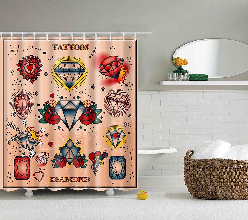 BOYOUTH Various Tattoos Diamond Pattern Digital Print Shower Curtains for Bathroom Decor,Polyester Waterproof Fabric Bath Curtain with 12 Hooks,70x70 Inches,Multicolor