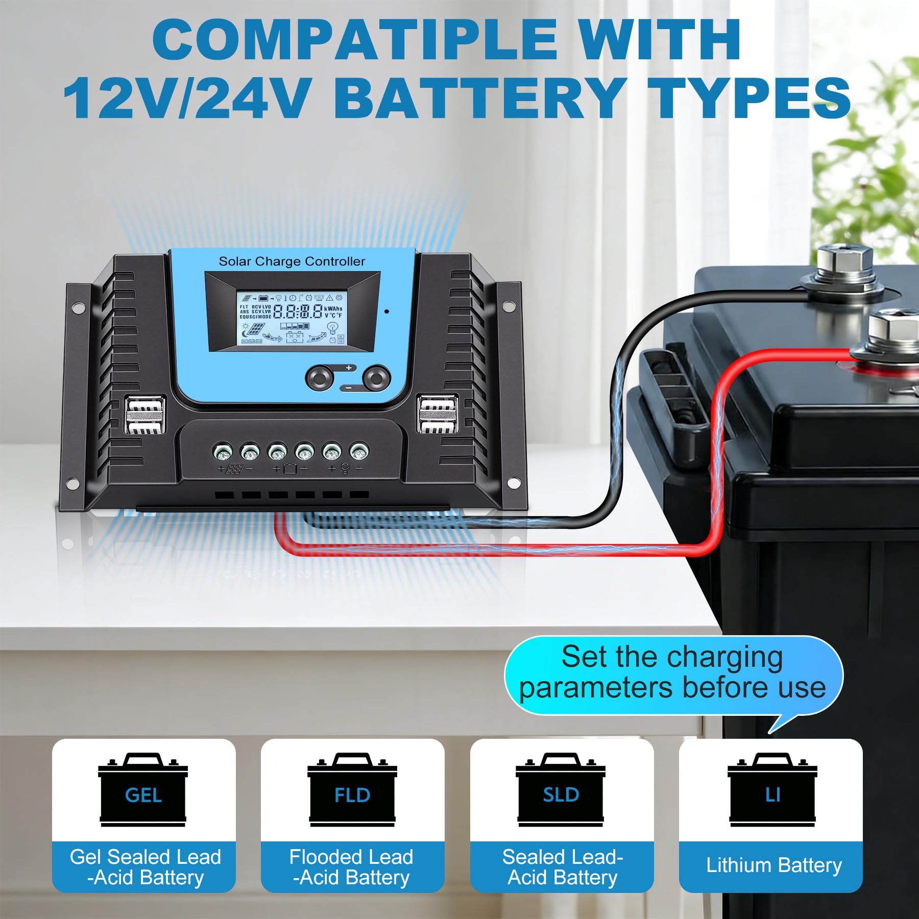 20A Solar Laderegler Mit Bluetooth, PWM 20A Solarladeregler 12V 24V mit Temperatursensor LCD Anzeige und 4 USB Ports,Geeignet Lithium, Blei-Säure, Gel-Batterie