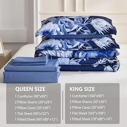 Miniatura 7 de Luxudecor Juego de edredón floral tamaño King de 7 piezas, cama de flores azul marino en una bolsa, elegante edredón floral con juego de sábanas,