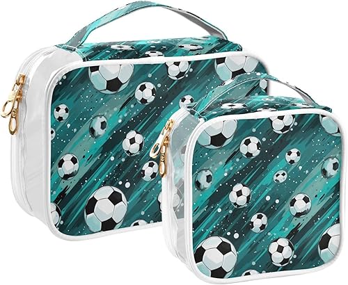 Miniatura 2 de Divertidas pelotas de fútbol transparentes para artículos de aseo personal, paquete de 2 bolsas de cosméticos de maquillaje con cremallera, bolsa de