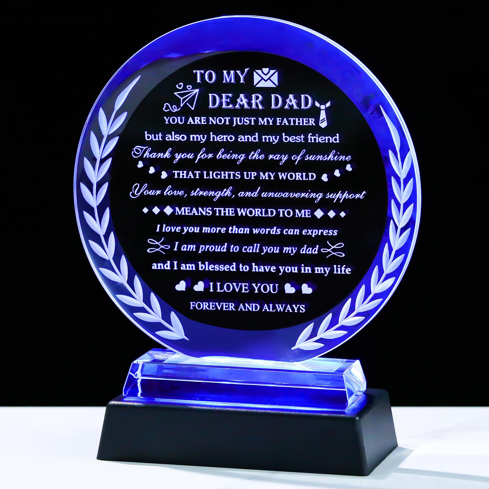 Arikyrist Meaningful Gifts for Dad from Daughter Son Birthday Gifts for Dad Crystal Keepsake with LED Base Thank You Gift Idea To My Father Present on