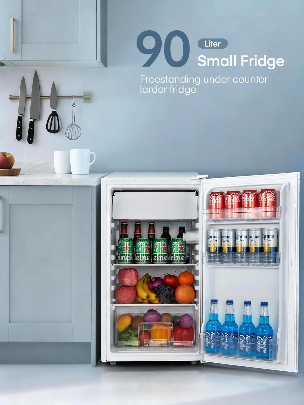 FOHERE Frigorifero Piccolo 91L con Freezer, Frigorifero Monoporta, Silenzioso, 7 Termostato Regolabile, Scomparto per Verdure, Mini Frigo da Ufficio, Camera, Bianco