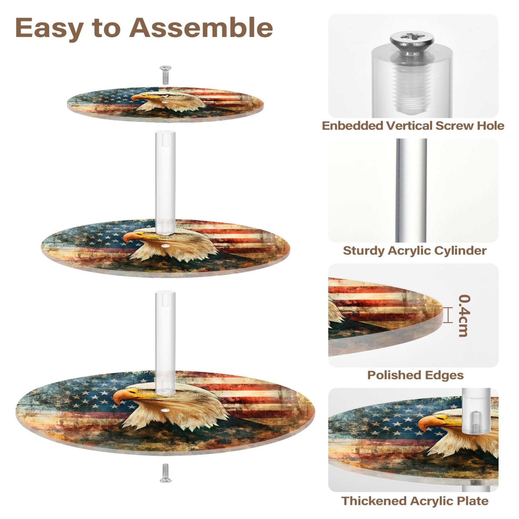 PYBUG American Flag Eagle 3 Tier Acrylic Cupcake Stands Tower,Dessert Table Display Set for Tea Party,Wedding,Birthday, Baby Shower