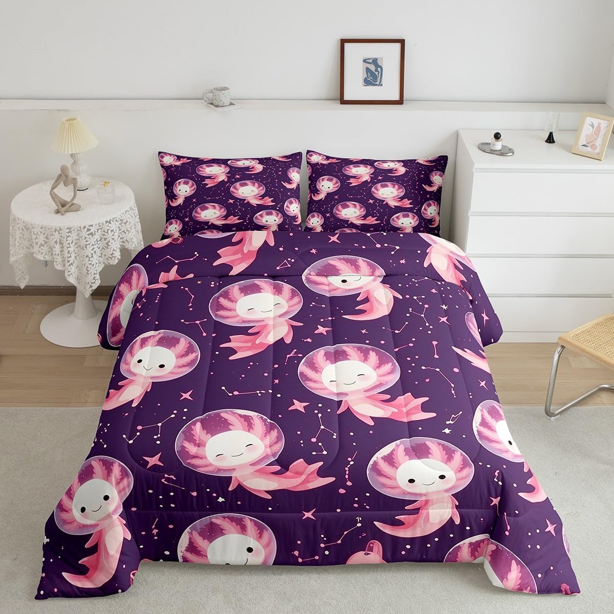 Feelyou Girls Axolotl Comforter Set Toddler Size Kids Cute Salamander Outer Space Bedding Set for Teens Kawaii Ocean Sealife Galaxy Comforter Gift for Girls Women Duvet Set Starlit Quilt Set