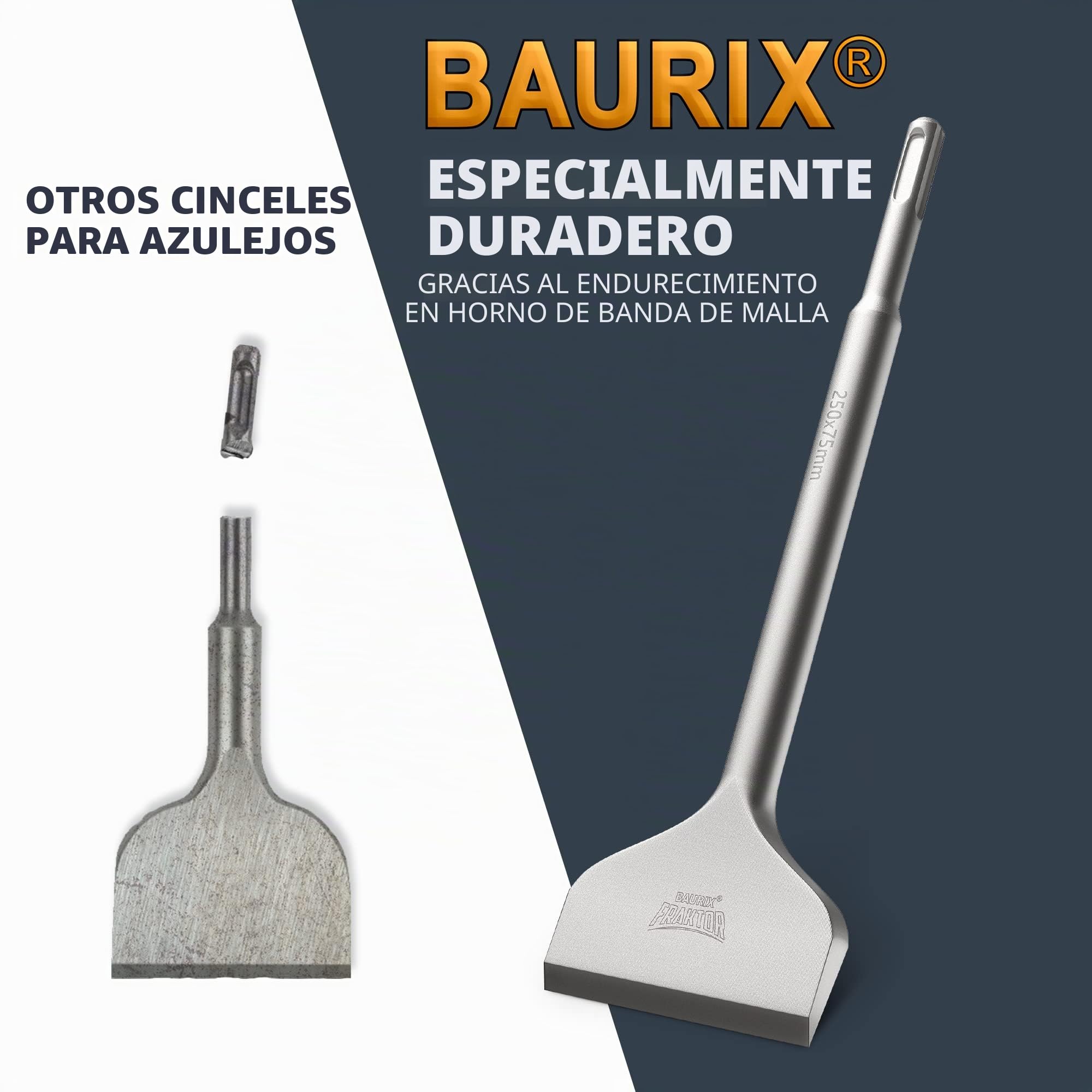 BAURIX® Cincel para Azulejos SDS Plus [250x75 mm] I FRAKTOR®-Sistema - Eliminación Rápida de Baldosas I Cincel Plano Inclinable para Azulejos y Adhesivo I Acero Especial 42CrMo