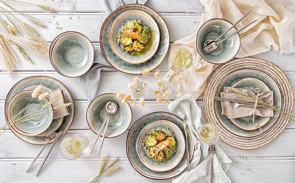 SÄNGER | Salatschale Capri Grau 4 tlg, Salatteller 4 Personen, Steingut Geschirr Set für Salat, Tiefe Teller Spülmaschinenfest Handmade Salatschälchen Grau mit Braunem Rand 760 ml | PREMIUM COLLECTION