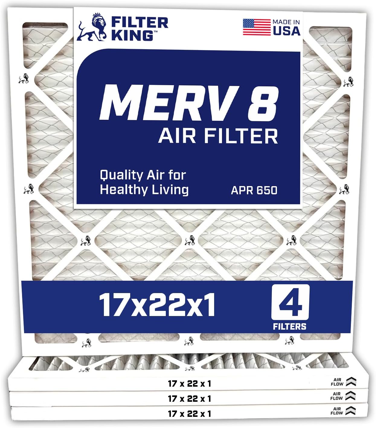 Filter King 17x22x1 Air Filter | 4-PACK | MERV 8 HVAC Pleated A/C Furnace Filters | MADE IN USA | Actual Size: 16.5 x 21.5 x .75"