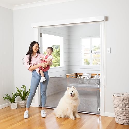 Puerta retráctil Perma Child Safety para bebé, 33 pulgadas de alto x 71 pulgadas de ancho, malla, para escaleras, puertas, perros, mascotas,