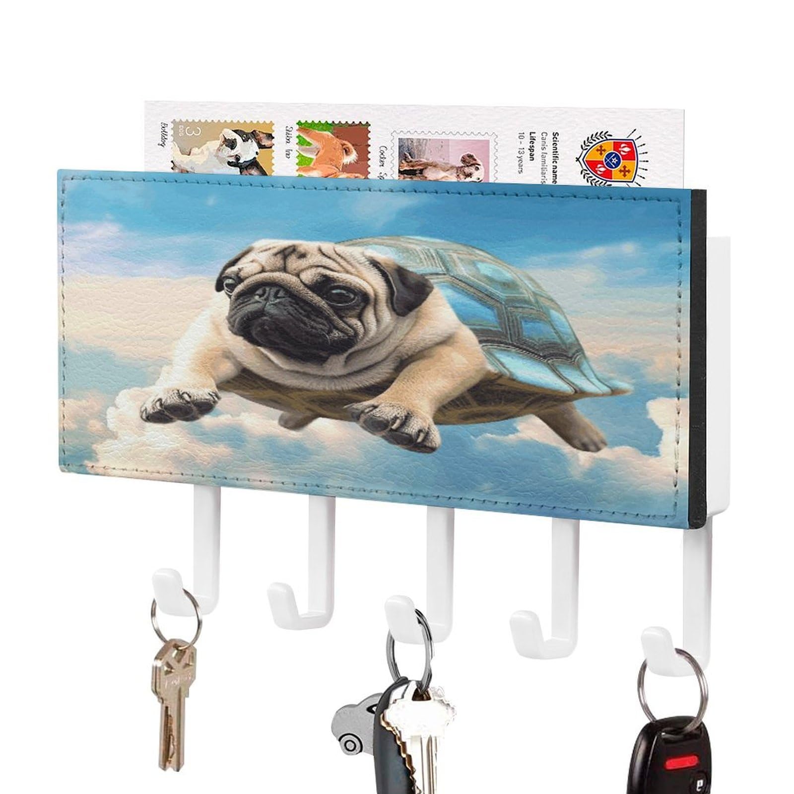 Vstadank White-Style Funny Turtle Pug Dog In The Sky Key Holder For Wall Decorative Mail Organizer Exquisite Coat Rack Pu Wall Mount Adhesive Keys Rack With Tray&5 Key Hook For Door Hallway Entryway Decor