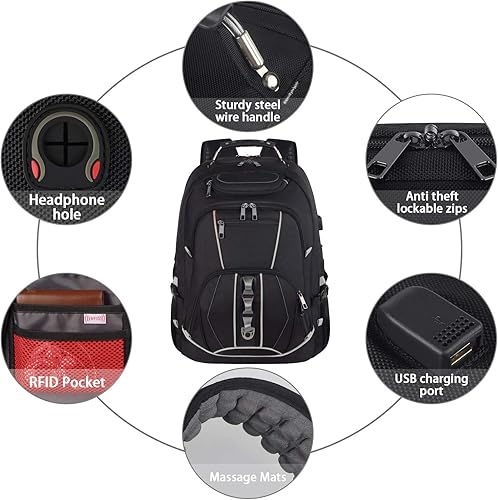 Miniatura 5 de Mochilas gaming para portátiles de 18.4 pulgadas con puerto de carga USB, gran capacidad, compatible con TSA, bolsillo RFID antirrobo, bolsa de