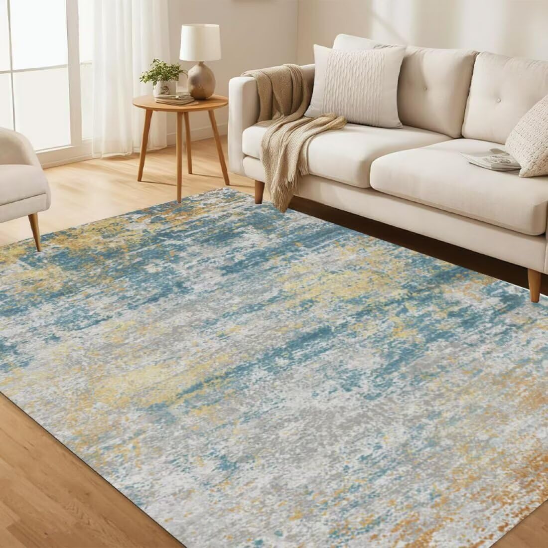 Tapis jaune bleu 180X260CM avec motif abstrait moderne pour intérieur