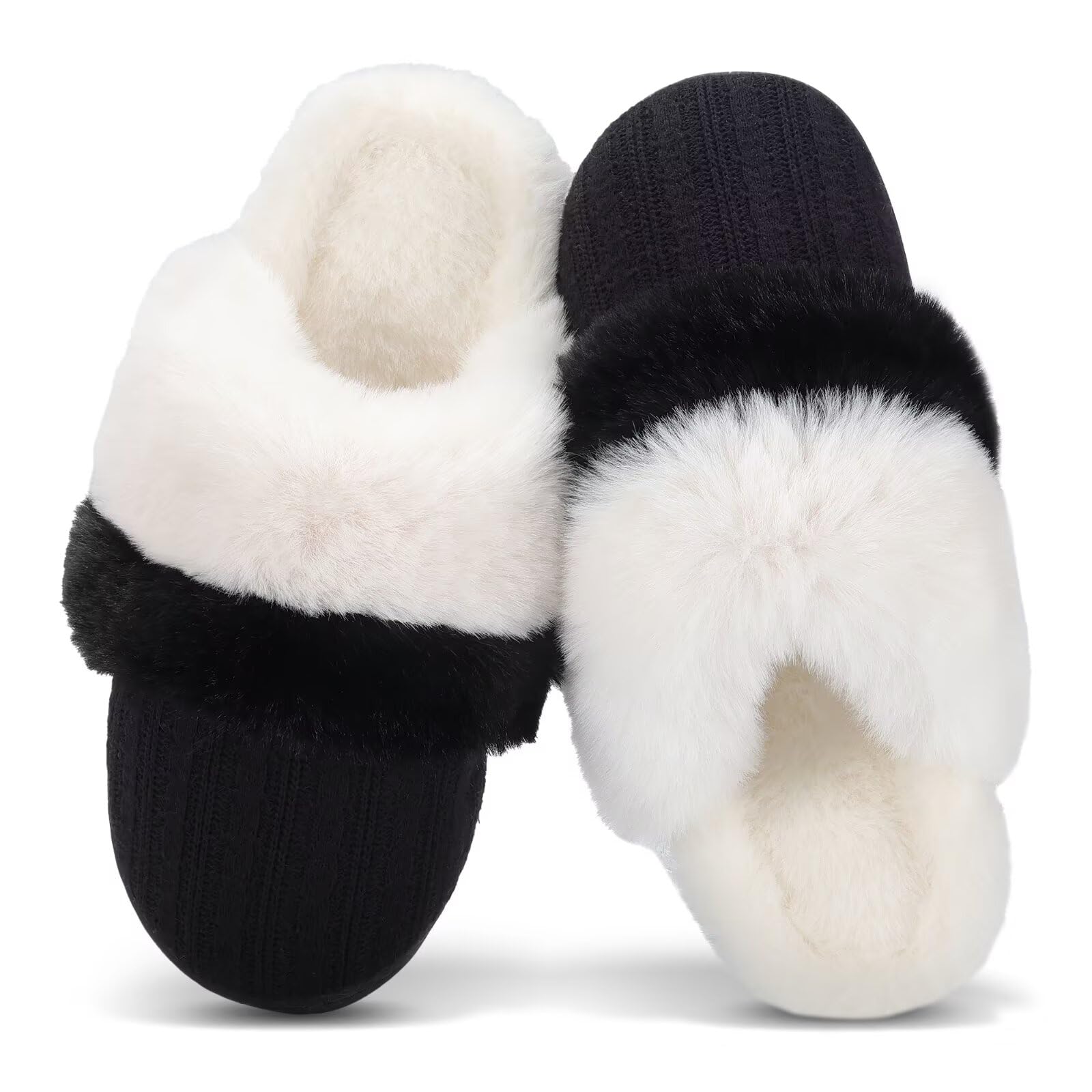 NineCiFun Womens Two-Tone Fuzzy Collar House Slippers Memory Foam Plush Faux Fur Lining