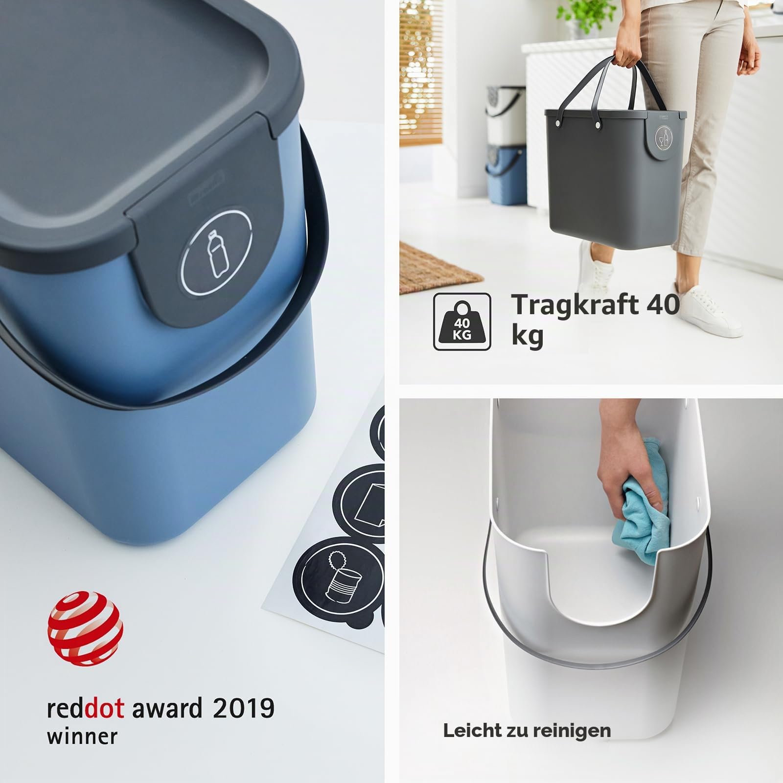 Rotho Mülleimer Küche Albula Mülltrennsystem 3-teilig mit Deckel 105 L | Mülleimer mit Deckel, Papierkorb für Büro und Haushalt, schwenkbare breite Klappe, stapelbar, zwei Tragegriffe, 6 Sticker