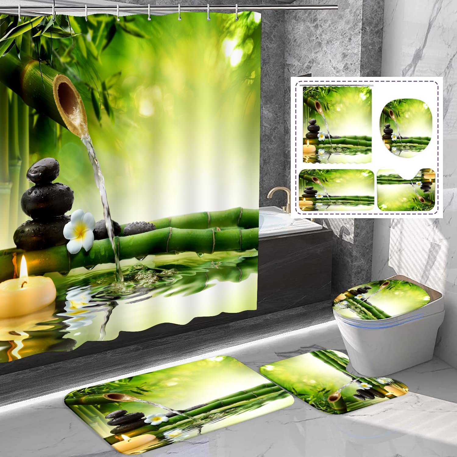 4PCS Bamboo Zen Garden Theme Green Shower Curtain Set with Bathroom Mat Rugs, Japanese Design Candles Decor Bath Mat Contour Mat Toilet Cover with 12 Hooks