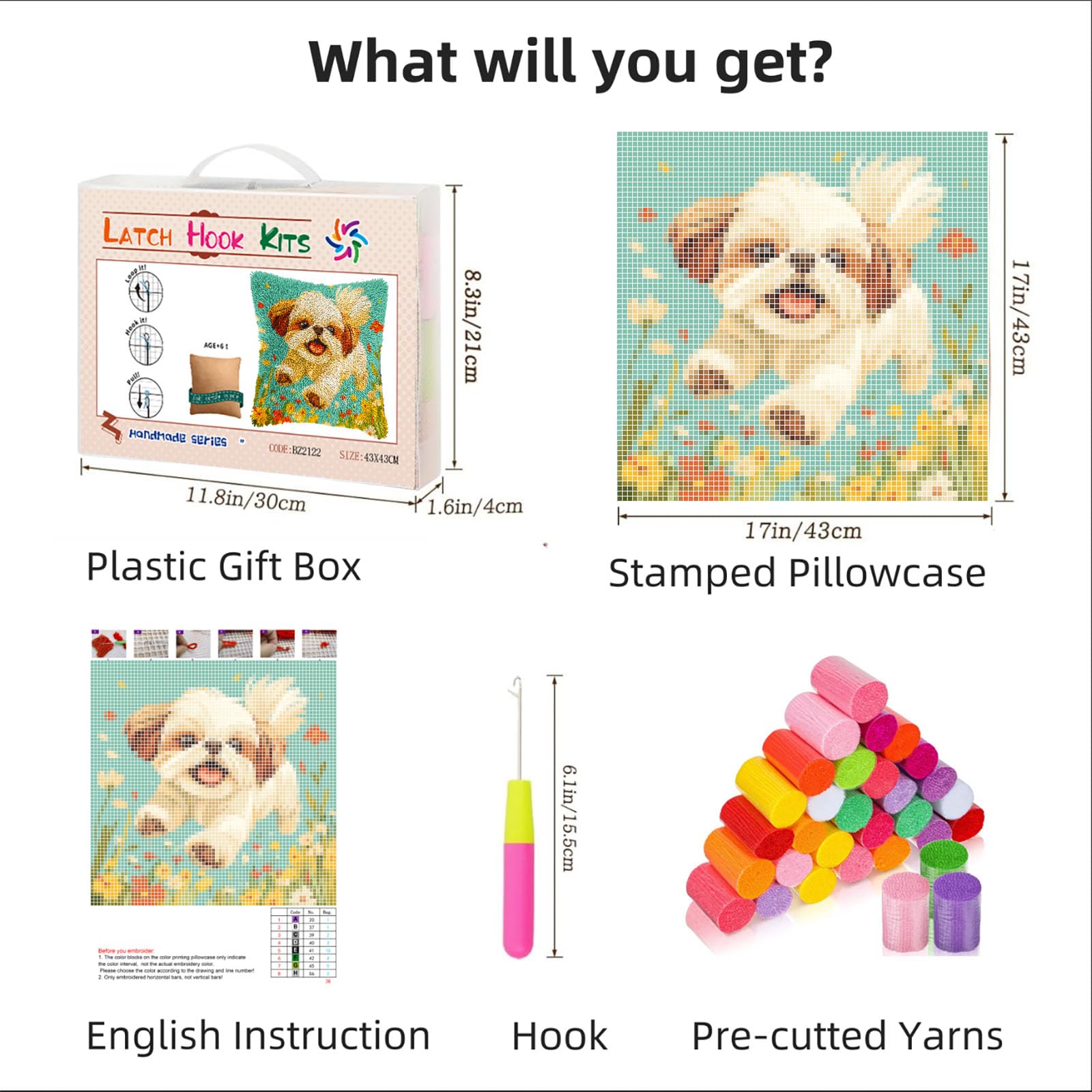 DIY Latch Hook Pillow Kits for Adults Cute Shih Tzu Dog Running in Flowers Printed Pillowcase Crochet Yarns Hooking Handmade Pillow Cover Cushion for Home Sofa Decoration 17x17inch-19