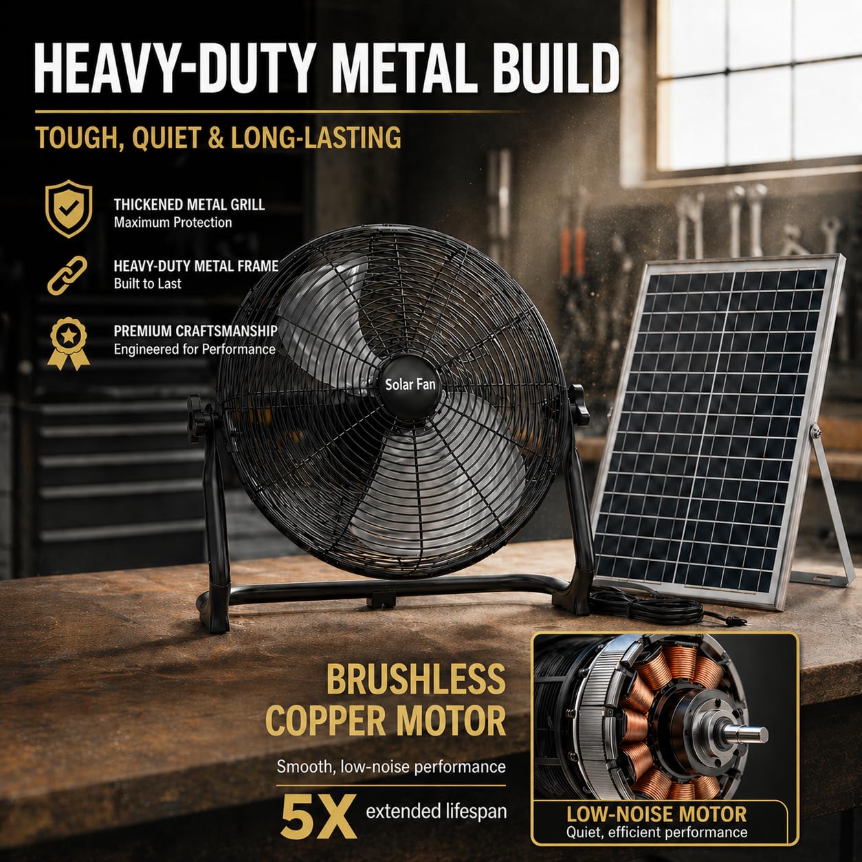Solarbetriebener Ventilator – 40,6 cm hohe Geschwindigkeit, wiederaufladbarer, kabelloser Bodenventilator mit 60-Stunden-Batterie, Solarpanel/AC-Ladung, tragbarer Outdoor-Metall-Industrieventilator