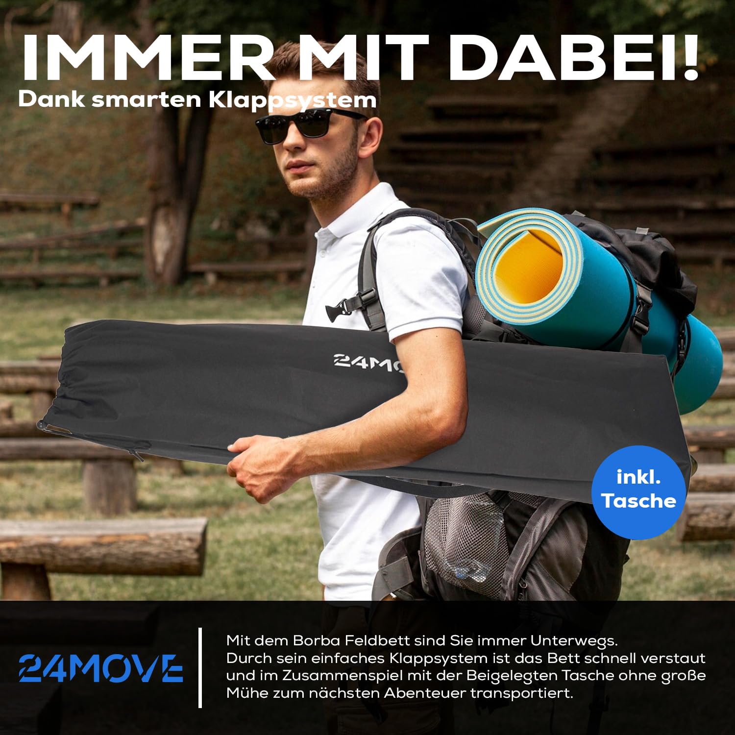 24MOVE® Feldbett Campingbett bis 150 kg In-und Outdoor Camping faltbar, 190 x 67 x 34cm, tragbar mit Tasche, für Garten oder Reisen, schwarz