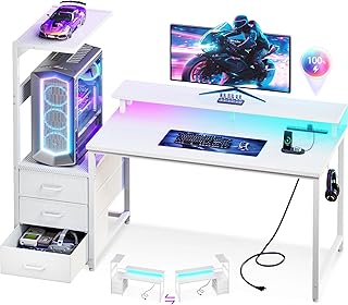 AODK ゲーミングデスク パソコンデスク コンセント&LED付き 幅130cm 机 pcデスク ゲームデスク gaming desk 引き出し＆モニター台付き ゲーミングテーブル 棚付き 左右入れ替え対応 カーボン調ホワイト