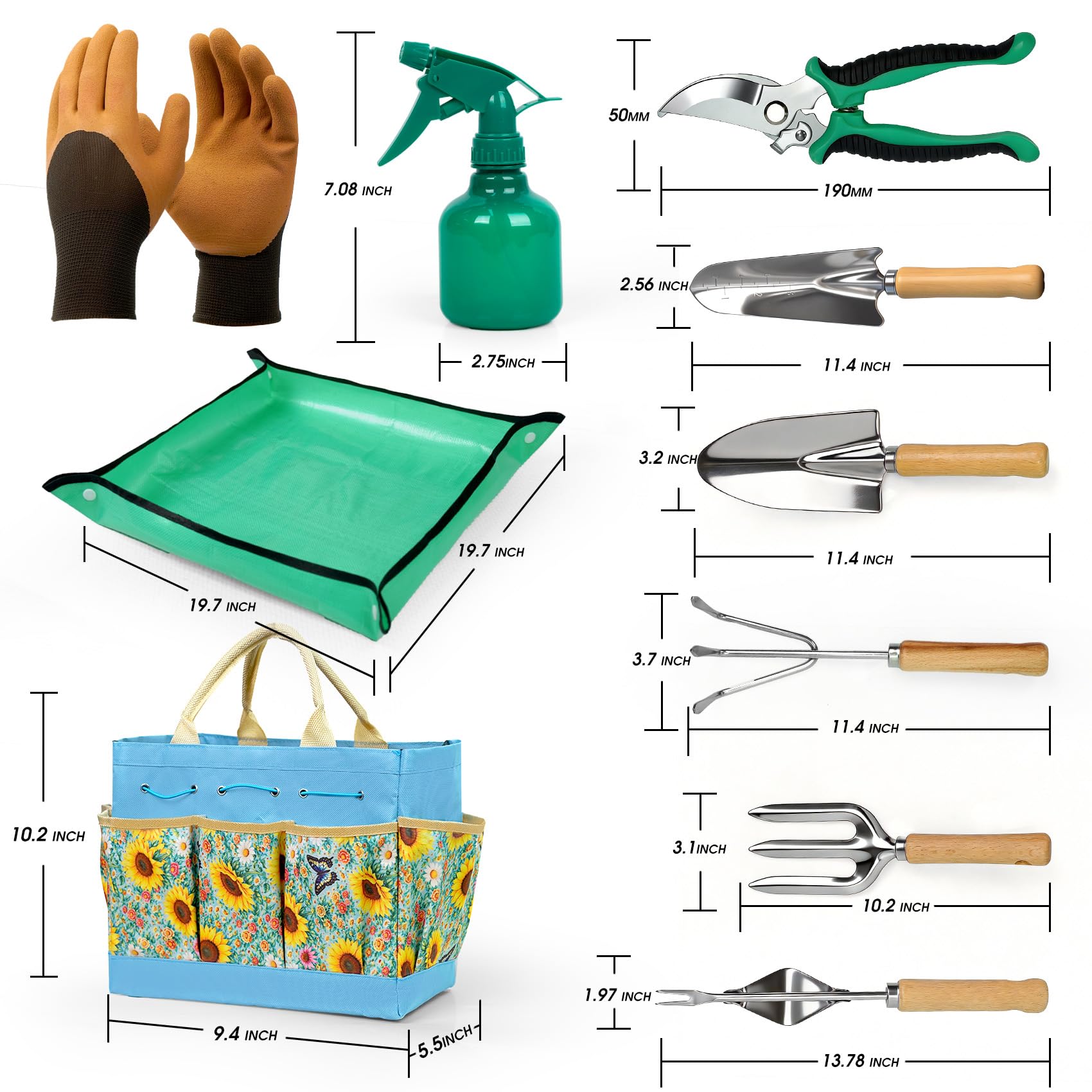 Juego de herramientas de jardinería de alto rendimiento, juego de herramientas de jardín de acero inoxidable de 9 piezas con asas ergonómicas antideslizantes y bolsa de almacenamiento resistente