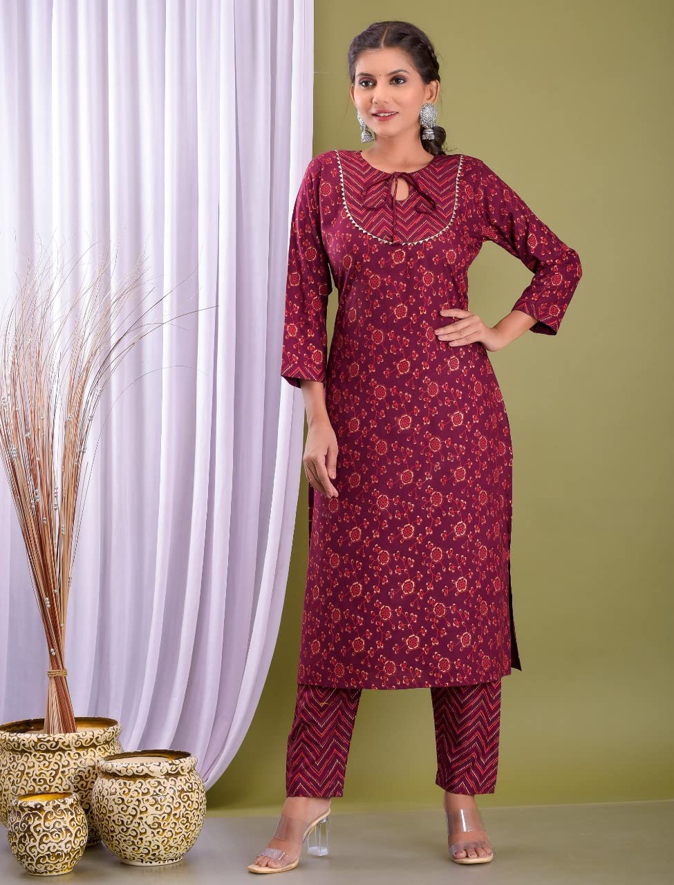 KULIA® Indyjskie kobiety Kurti ze spodniami Sukienka etniczna Tradycyjne stroje imprezowe Projektant Kurtis Zestaw ślubny Kolekcja indyjska Ubrania z nadrukiem Bawełna Kurti Dla dziewczynek