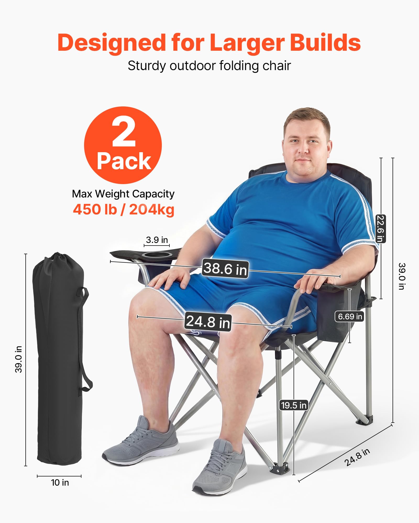 VEVOR Silla de Camping Plegable Grande Capacidad Máxima de 204 kg, Paquete de 2, Silla de Camping Portátil con Respaldo, Reposabrazos Acolchados, Bolsa térmica, Portavasos y Bolsillo para Exteriores