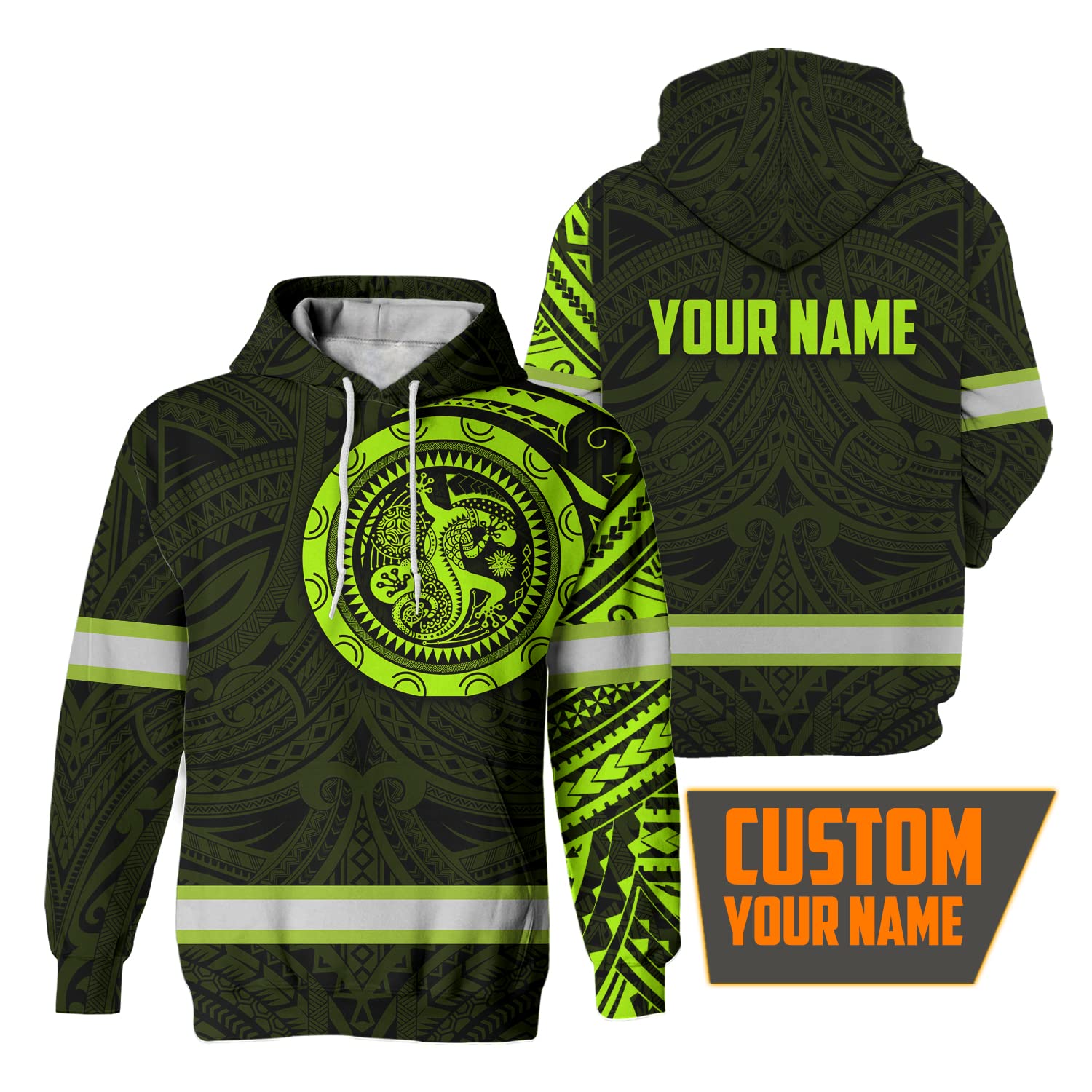 Matedecor High Visibility Hoodie Men Reflective Safety Hoodie Gecko Hawaiian Polynesian Tribal Custom Name Workwear for Worker, Runners, Walkers, Truckers