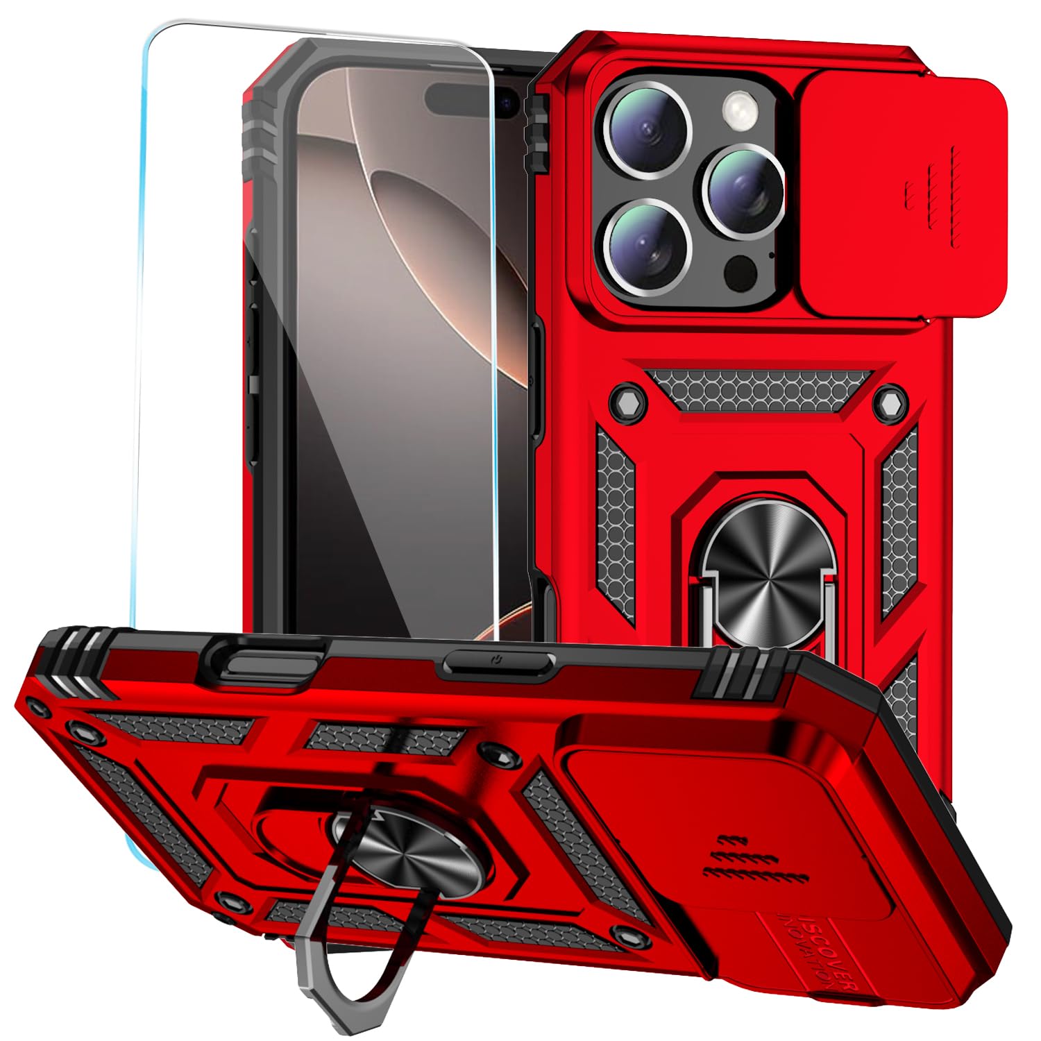 Sponsored Ad - SunStory Phone Case for iPhone 16 Pro Max Case with HD Screen Protector & Slide Camera Cover & Rotated Ring Kickstand, [Military-Grade] Phone Case for iPhone 16 Pro Max 6.9",Red