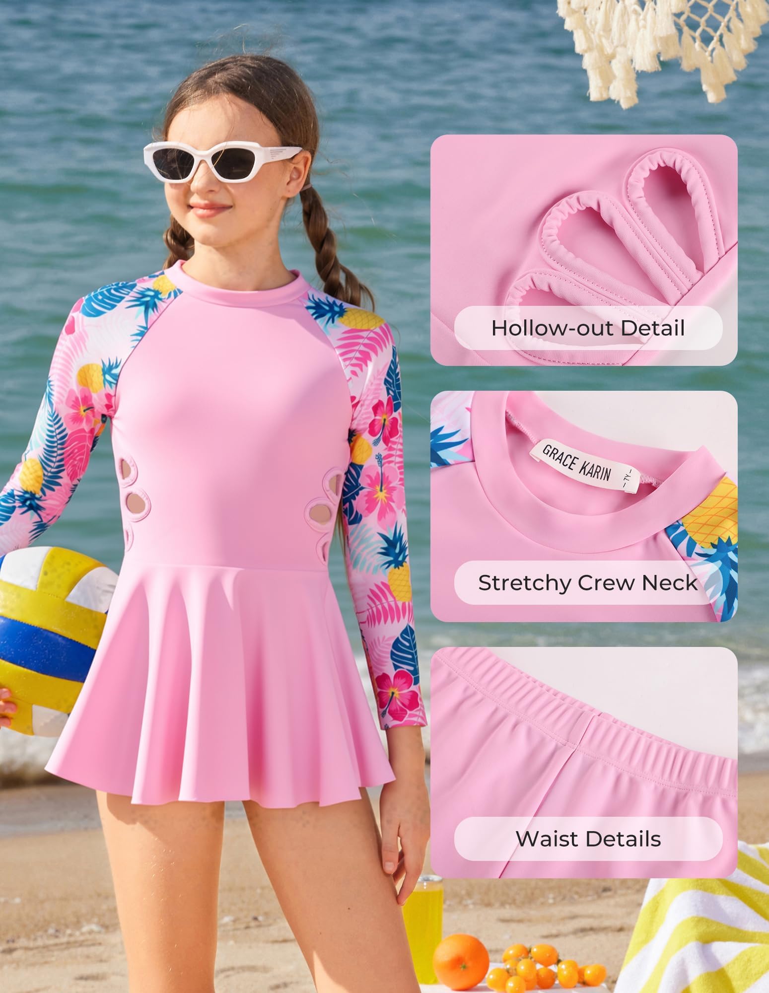 GRACE KARIN Dziewczęcy kostium kąpielowy dla dzieci z długim rękawem strój kąpielowy Rash Guard Stroje kąpielowe