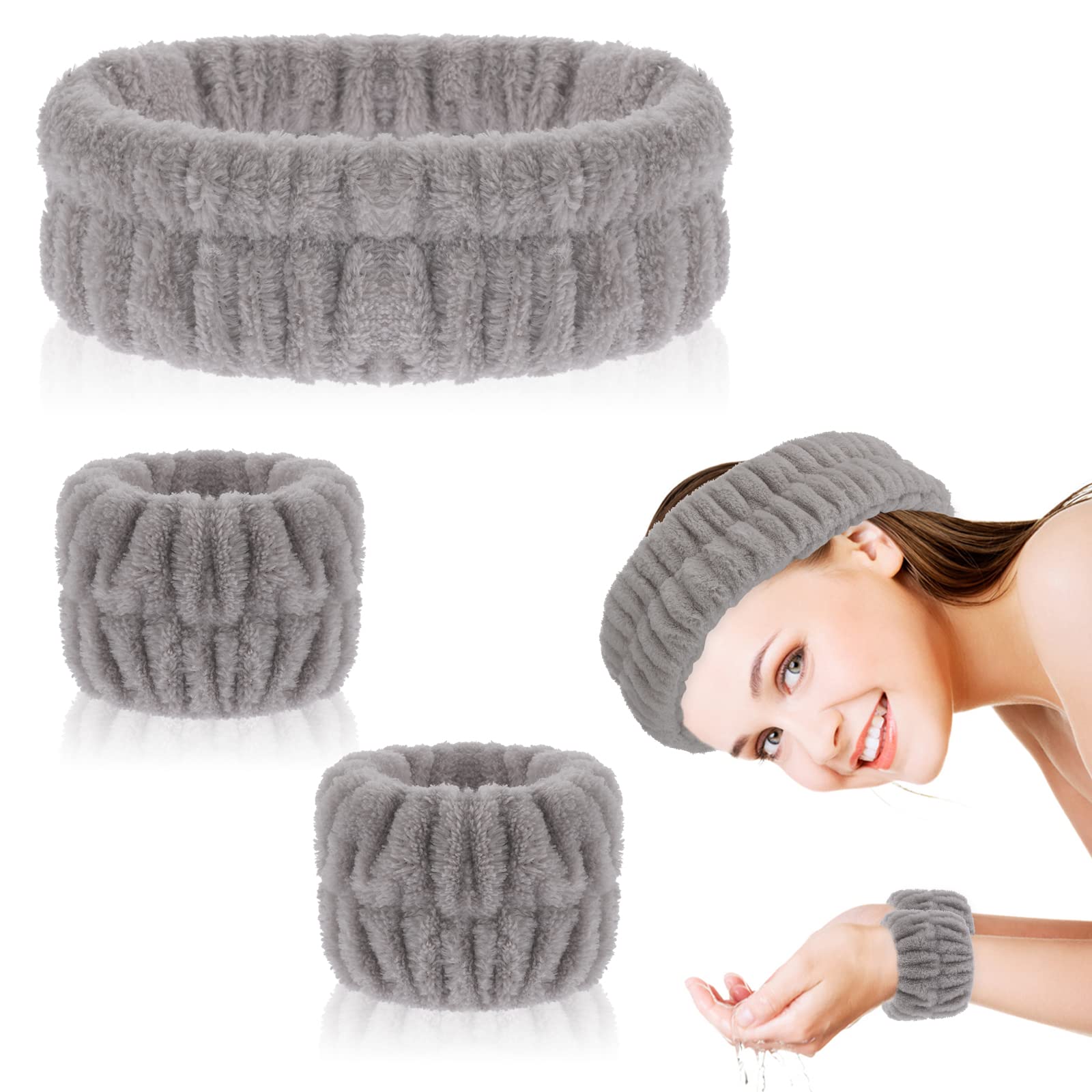 WLLHYF Banda para la cabeza de spa, muñequera, lavado facial, maquillaje facial, diadema de microfibra para cabezal de ducha, bandas de lavado de muñeca ajustables para mujeres y niñas (caqui)