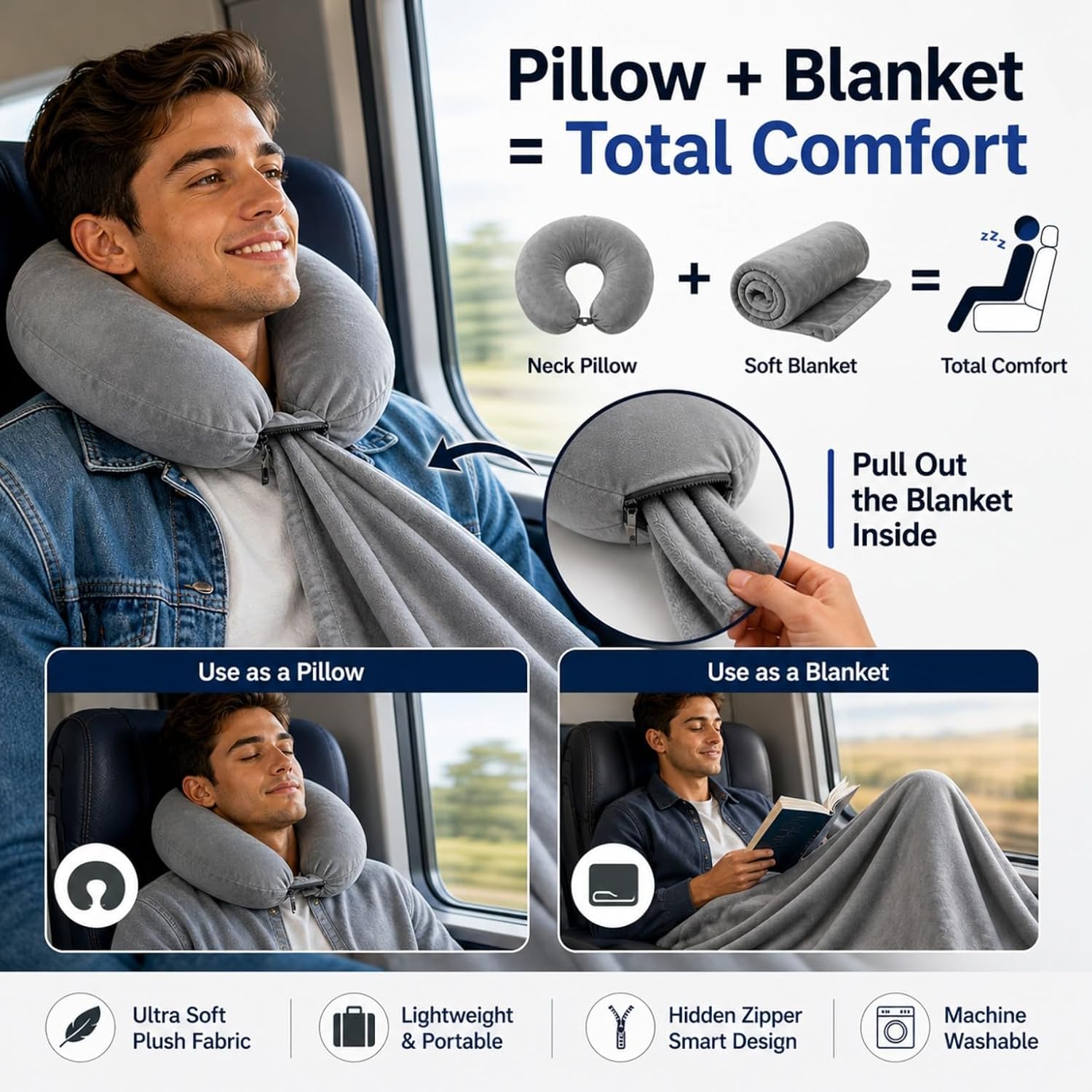 LILLE & CO. 3-in-1 Travel Neck Pillow with Blanket & Carry Bag – Soft Flannel Blanket Set, Convertible U-Shaped Pillow, Compact Travel Kit for Airplane, Car, Camping - Gray image 2