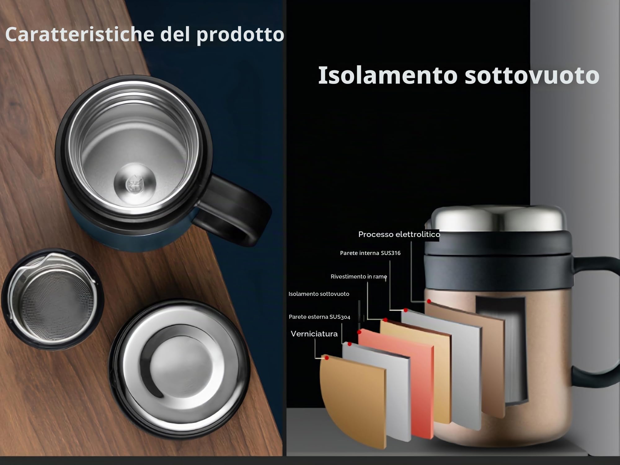 Tazza Termica da Tè/Caffè in Acciaio Inossidabile (Nero) con Filtro Rimovibile, 500 ml – Mantiene le Bevande Fredde e Calde, Isolamento 12+ Ore, Ideale per Tè, Caffè, Viaggi, Ufficio e Campeggio