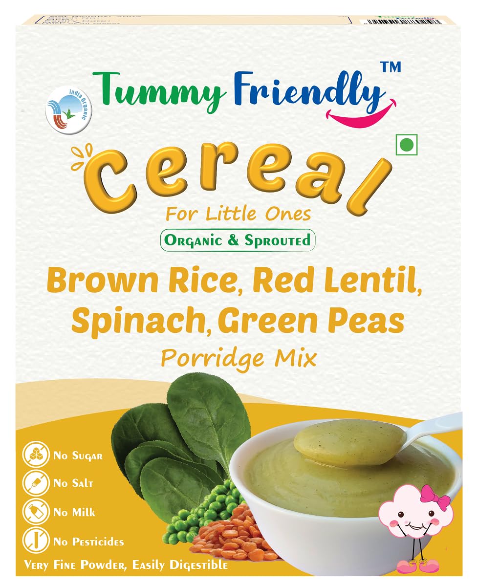 TummyFriendly Foods Certified Organic Sprouted Brown Rice, Red Lentil, Spinach, Green Peas Porridge Mix | Khichdi Mix | Organic Baby Food for 8 Months Old | Excellent Weight Gain Baby Food | 200g
