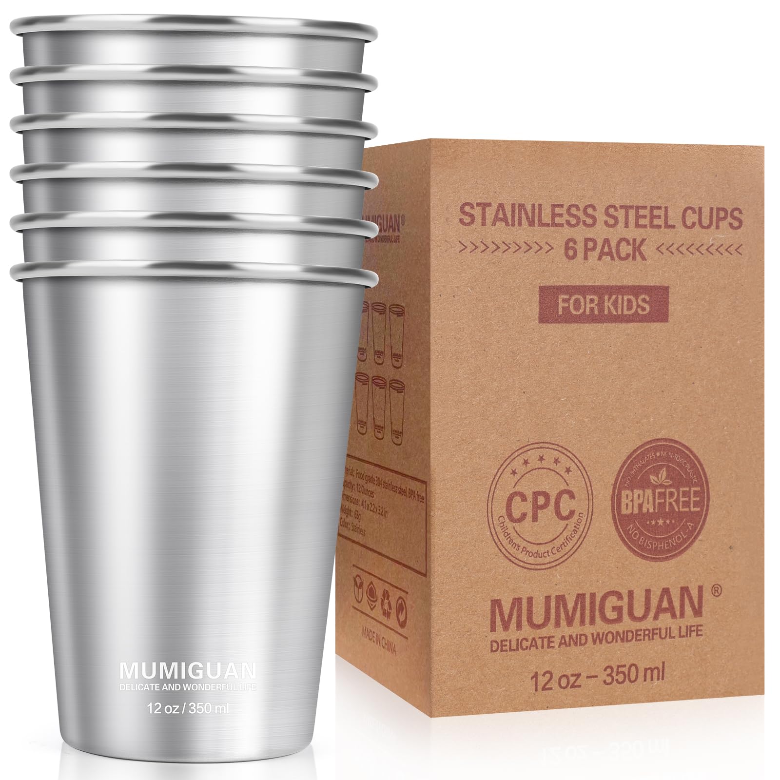 Vasos de acero inoxidable para niños de 350 ml (paquete de 6)