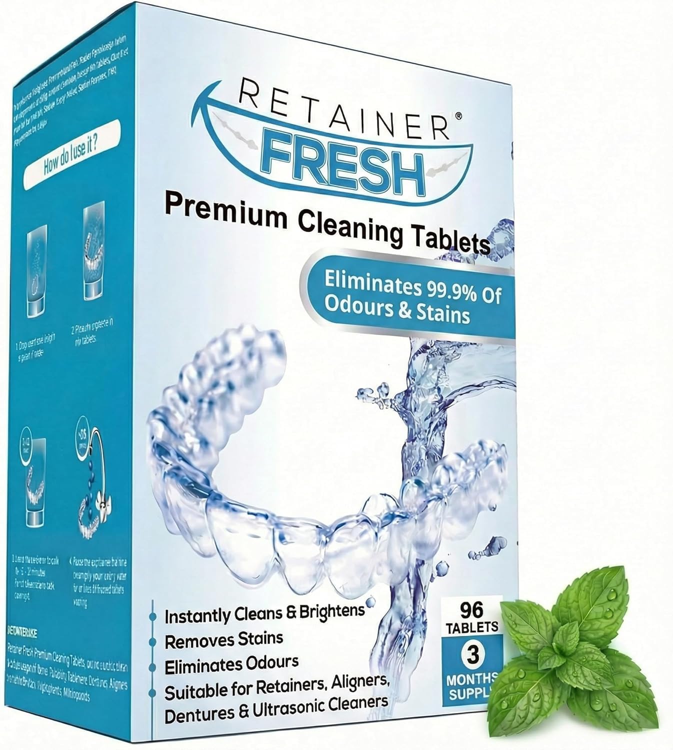 Retainer Fresh Zahnschiene Reinigungstabletten - Reiniger Für Retainer, Knirscherschiene, Zahnspange & Aligner - Aufbissschiene & Gebissreiniger Tabs - Reinigt In 5 Minuten - 96 Stück