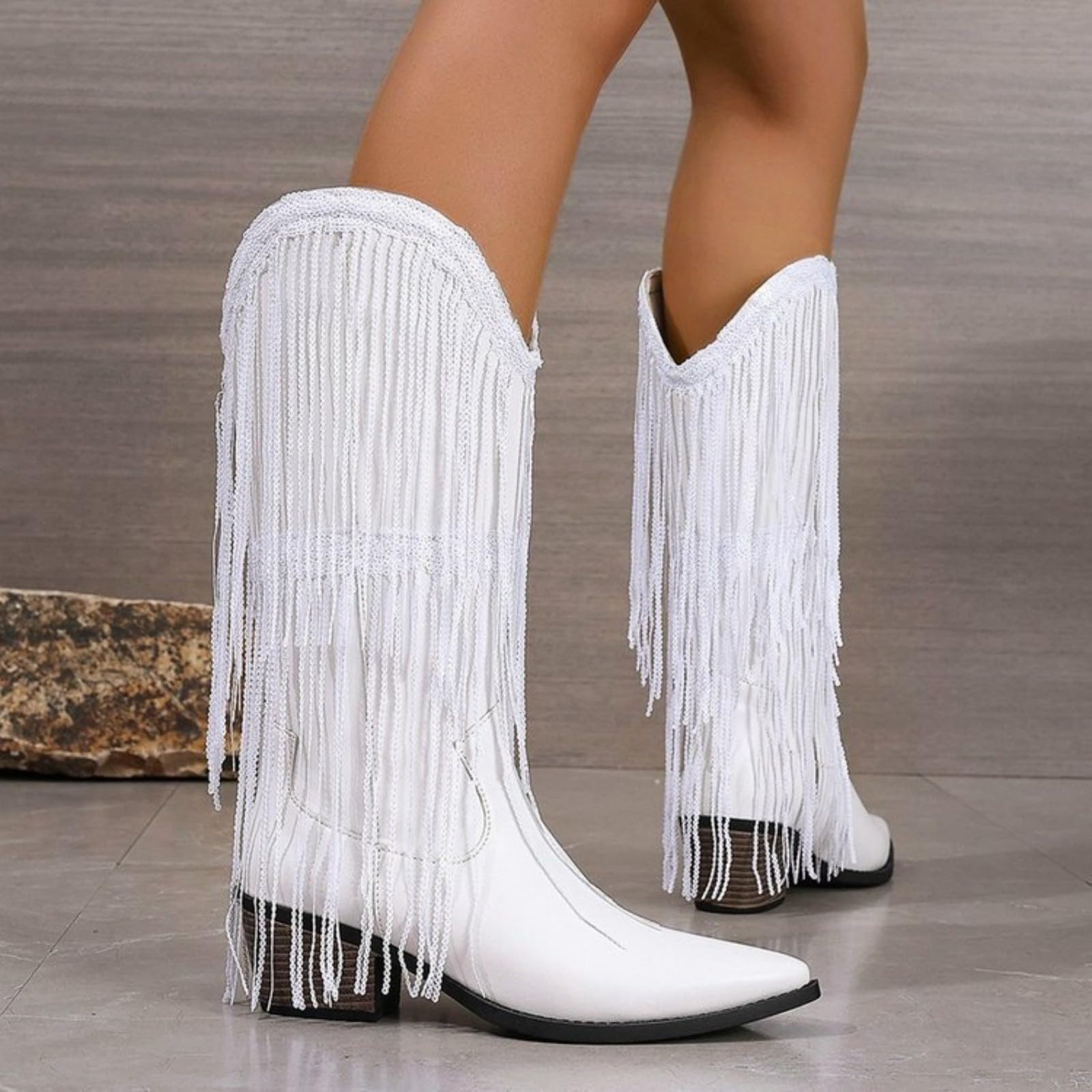 Botas de vaquero para mujer, botas altas de ante occidental, botas de vaquero con flecos, punta puntiaguda, botas de vaquero con tacón de bloque, botas de vaquera largas, elegantes botas