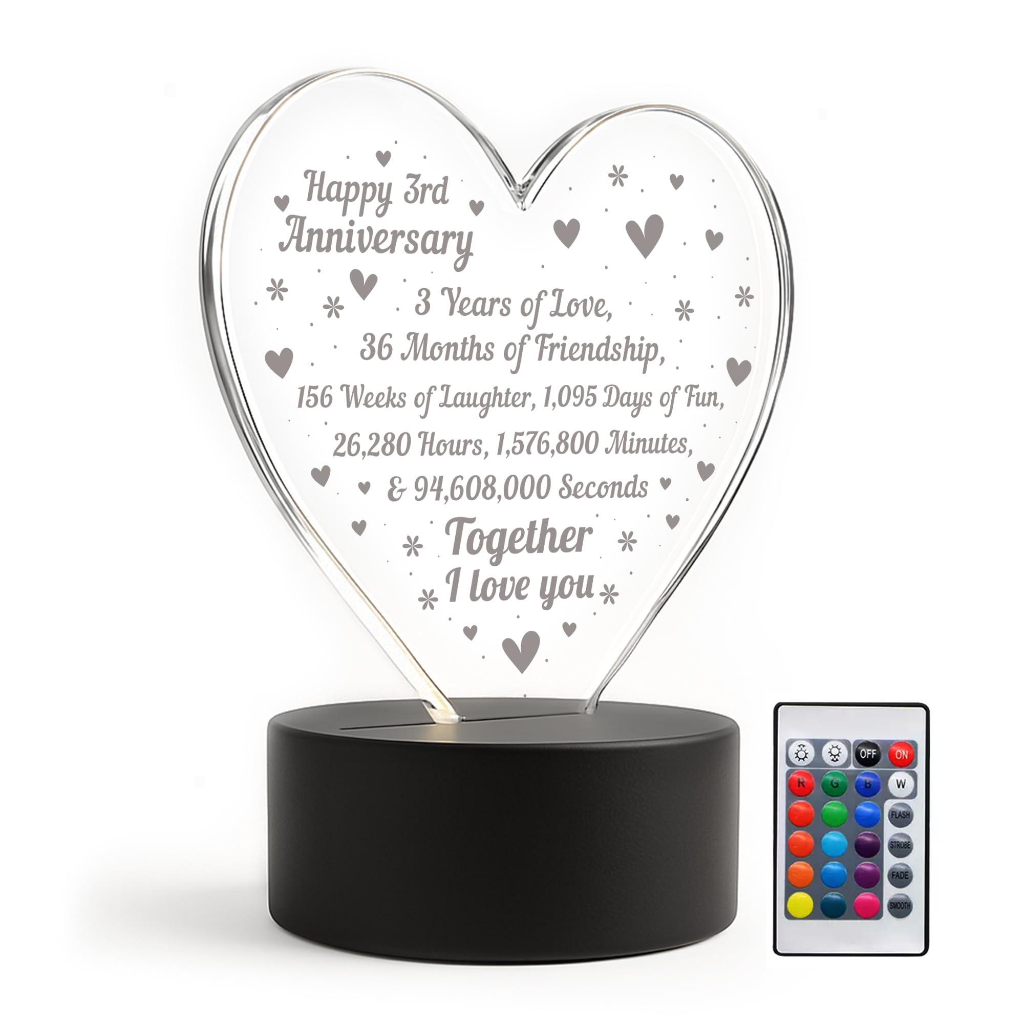 Red Ocean 3rd Anniversary LED Plaque For Boyfriend Girlfriend- 3 Years Together- Third Anniversary- Present For Women Men- 16 Colour Changing LED
