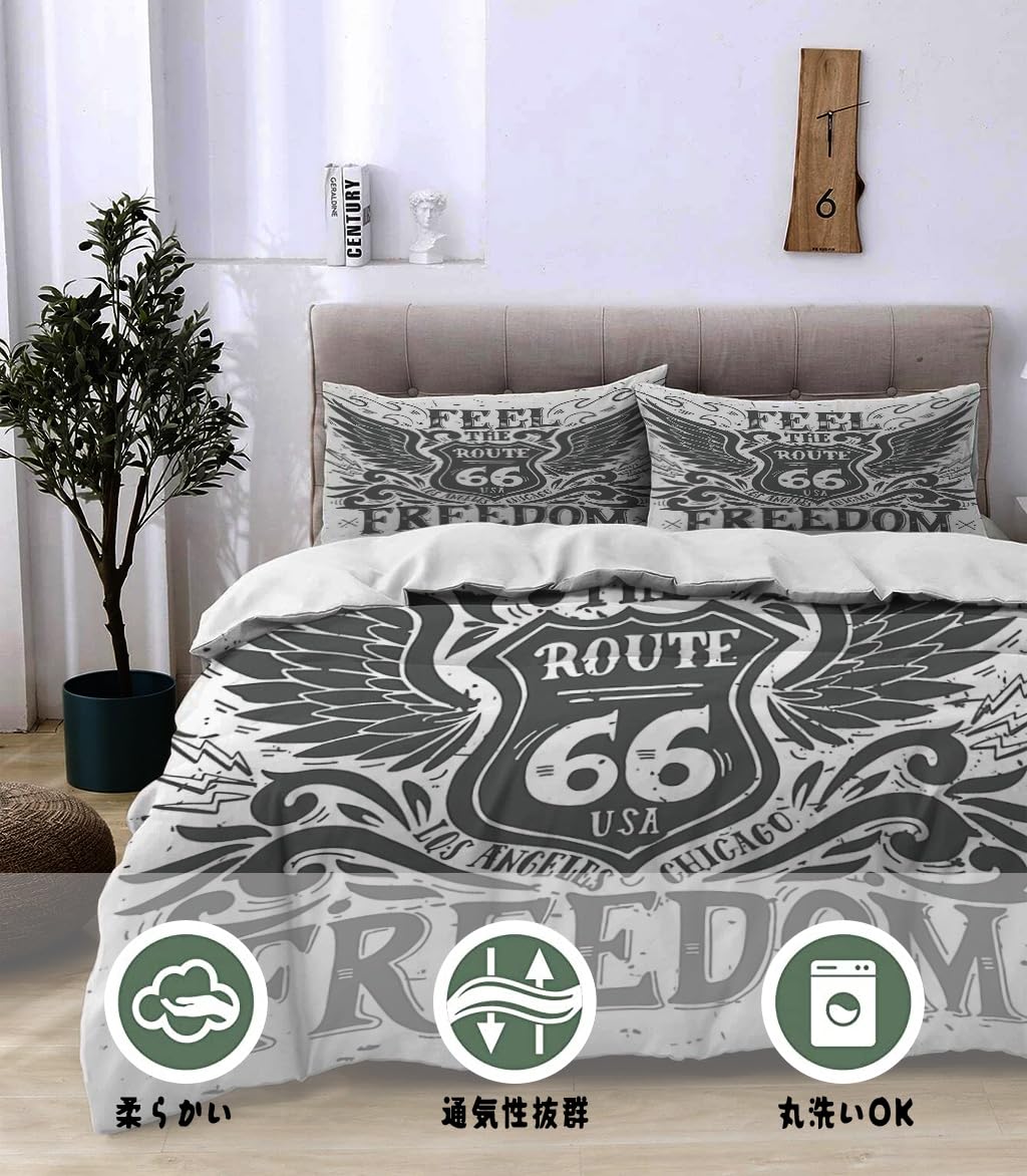 NIBAINLO 布団カバー自由を感じさせるルート66のヴィンテージテーマの白背景 肌に優しい ピーチスキン加工 掛け布団カバー 和式 洋式 あったか 布団カバーセット リバーシブル ホームステイ ホテル 家庭兼用