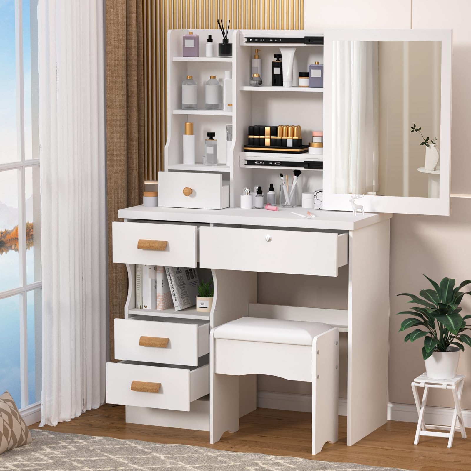 nawoefii White Dressing Table, Bedroom Dressing Desk, Dressing Desk with Mirror and Stool, Corner Makeup Table, Vanity Desk with 5 Drawers and Shelves, 80 x 36 x 125cm