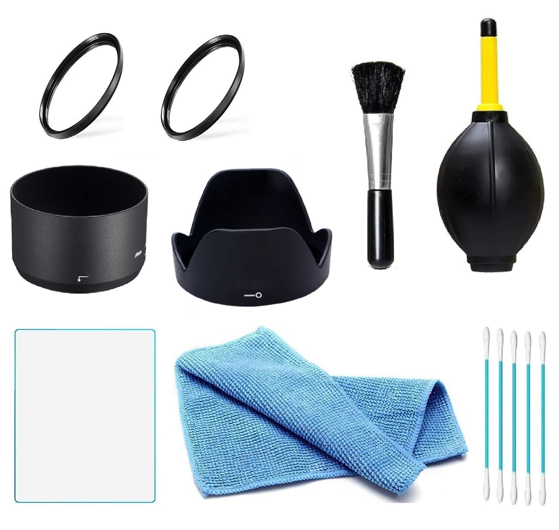 FND Combo kit Accessories for Nikon DSLR - Hood, Filter, Tempered Glass and Cleaning kit Pack of 10 (for Nikon D5300 AF-P 18-55mm & AF-P 70-300mm VR)