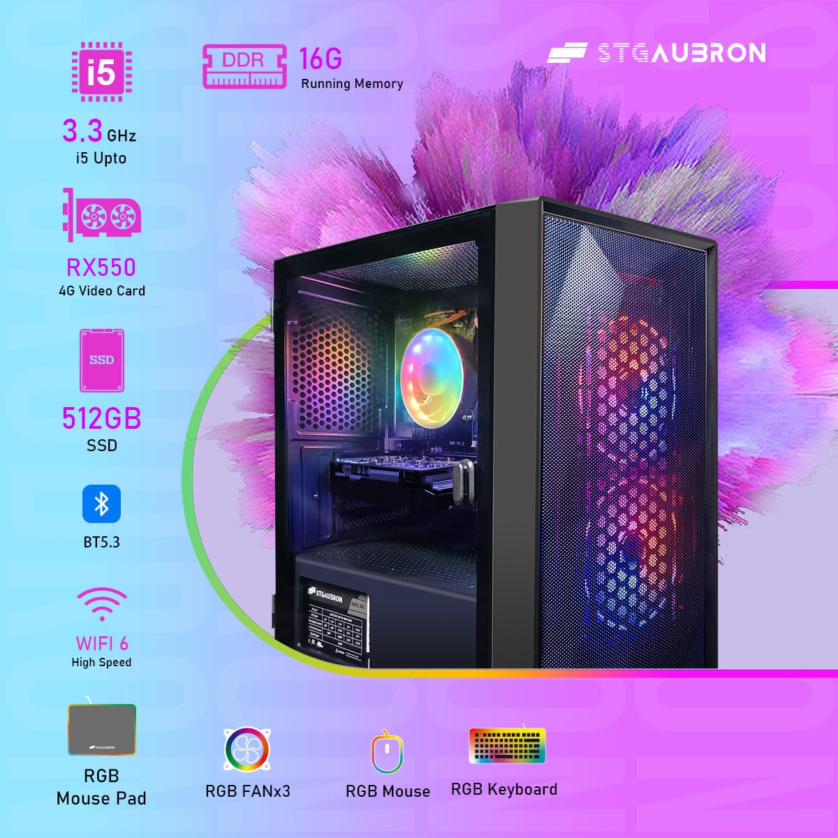STGAubron Prebuilt Gaming PC Desktop, Radeon RX 550 4G GDDR5, Intel Core I5 up to 3.7GHz, 16G RAM, 512G SSD, WiFi, BT 5.0, RGB Fan x3, Windows 10 Home