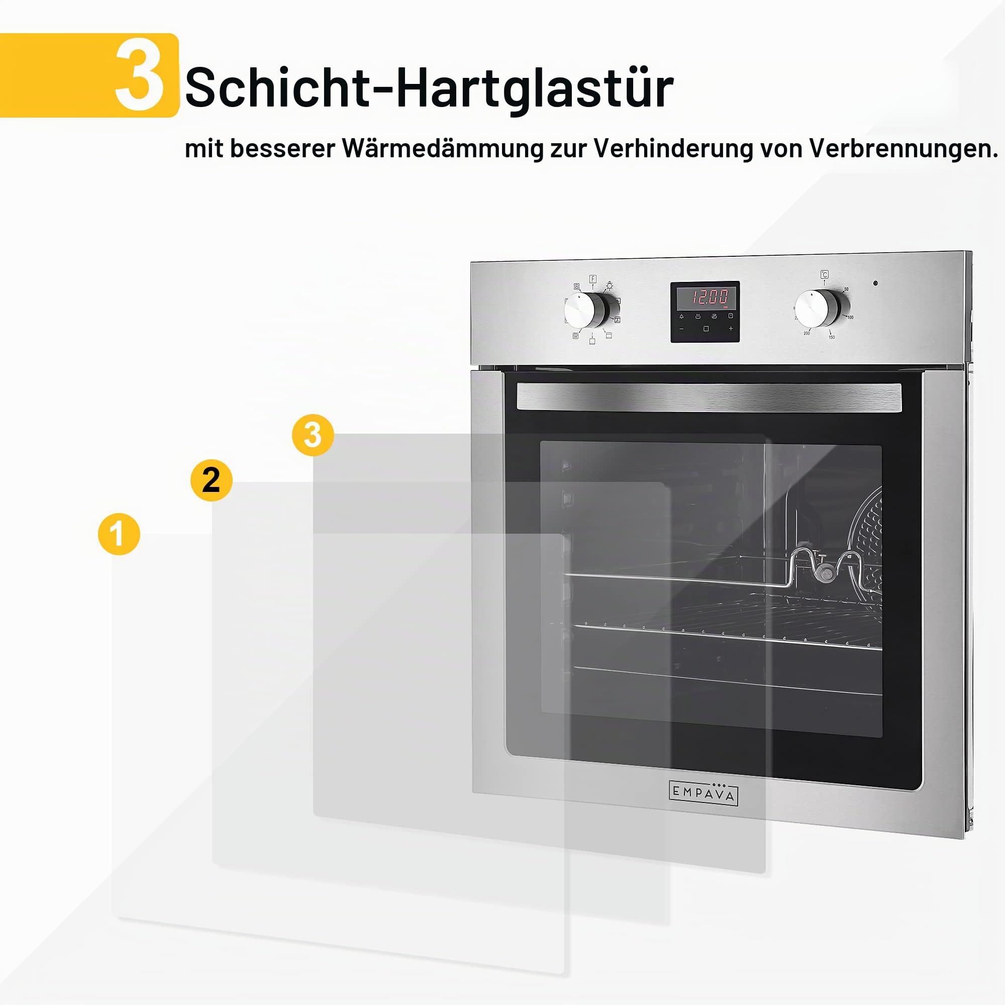 Empava Einbaubackofen, Backofen Autark 72L,Dampfbackofen, Oven 2800W, Einbaubackofen Ohne Kochfeld, Einbauherd, Backofen mit Dampffunktion, Einbau Backofen, Backrohr, 9 Funktionen Einbauherd Autark
