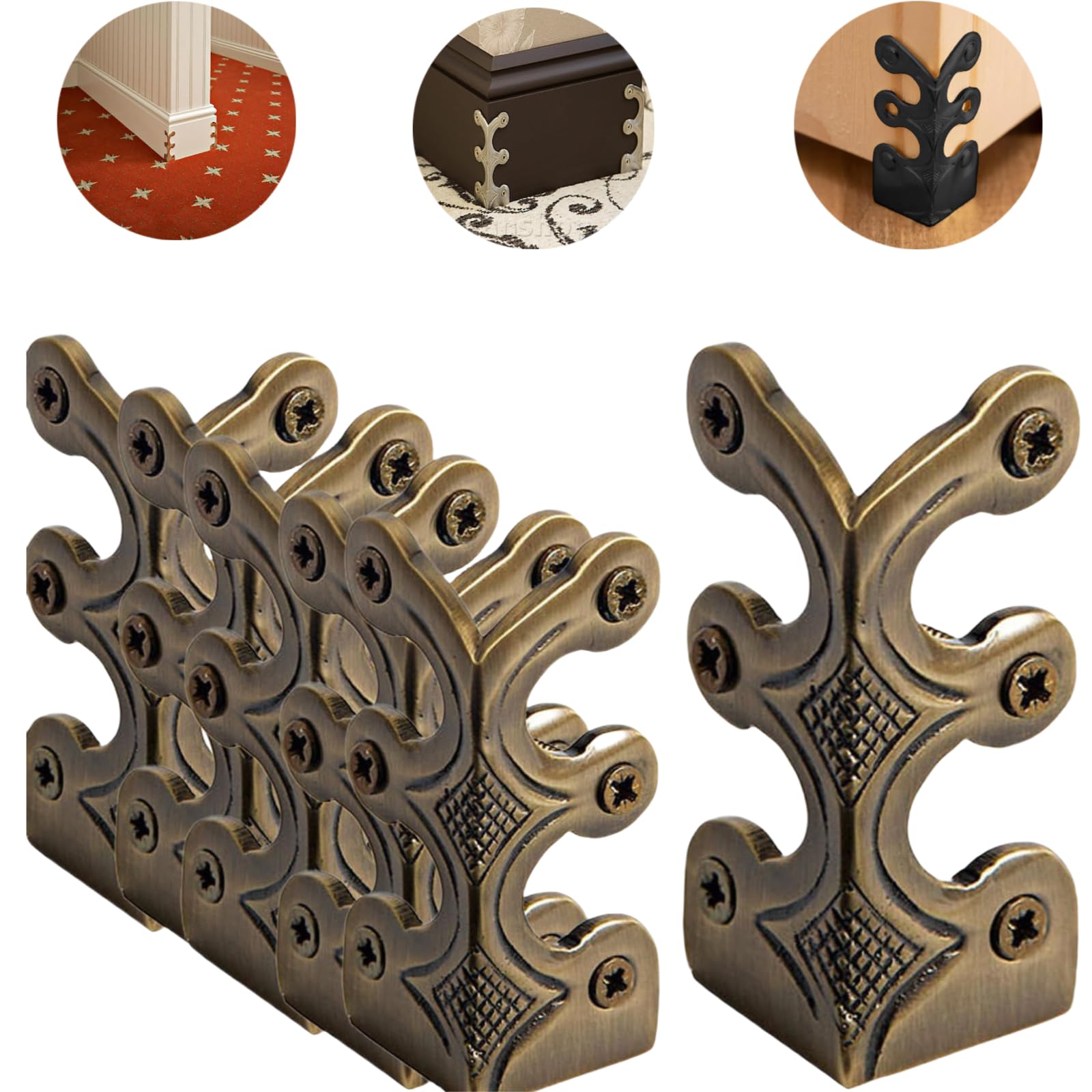 Skiffers Baseboard Corner Protectors, Vintage Solid Brass Skirting Board Corner Protectors, Decorative Brass Corner Protector, Retro Right Angle Bracket Box Edge (10, Bronze) (10, Bronze)