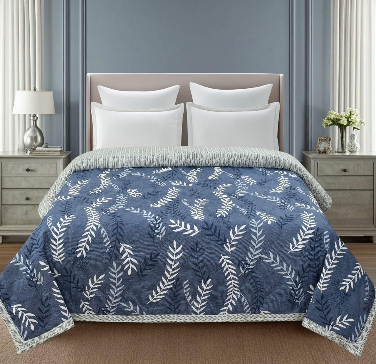 Ultrasonic Quilted AC Comforter 220 GSM|Premium Microfiber Reversible All Season Blanket for Double Bed | Ultra Soft Lightweight Quilt Duvet | Size 70x85 Inches(Grey Leaf)-image-34