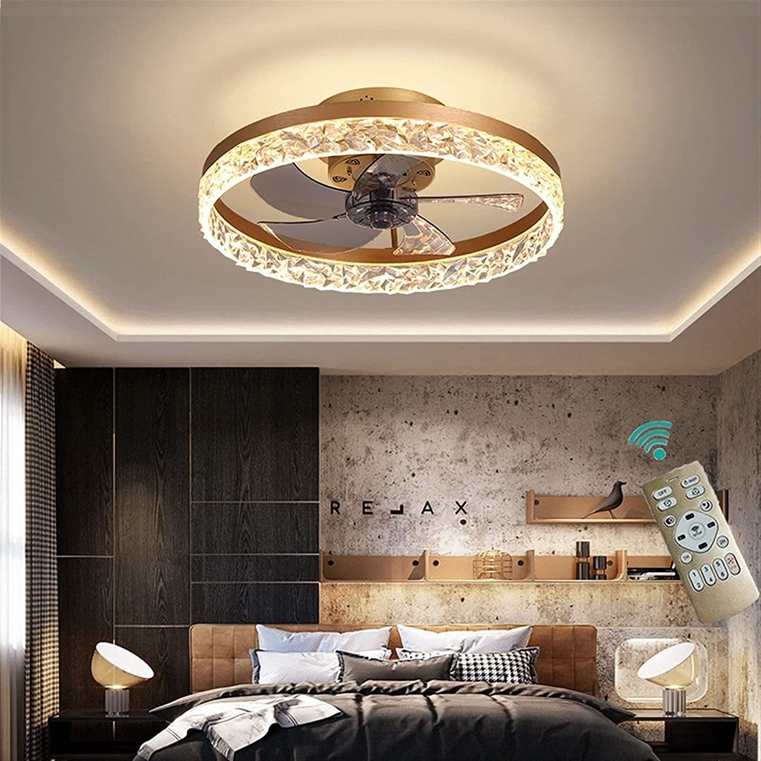 MORATER Ceiling fan light Crystal ceiling light Ceiling fan light with remote control Adjustable wind speed 3 colors Temperature control Dimmable ceiling lamp Quiet fan chandelier (Gold)