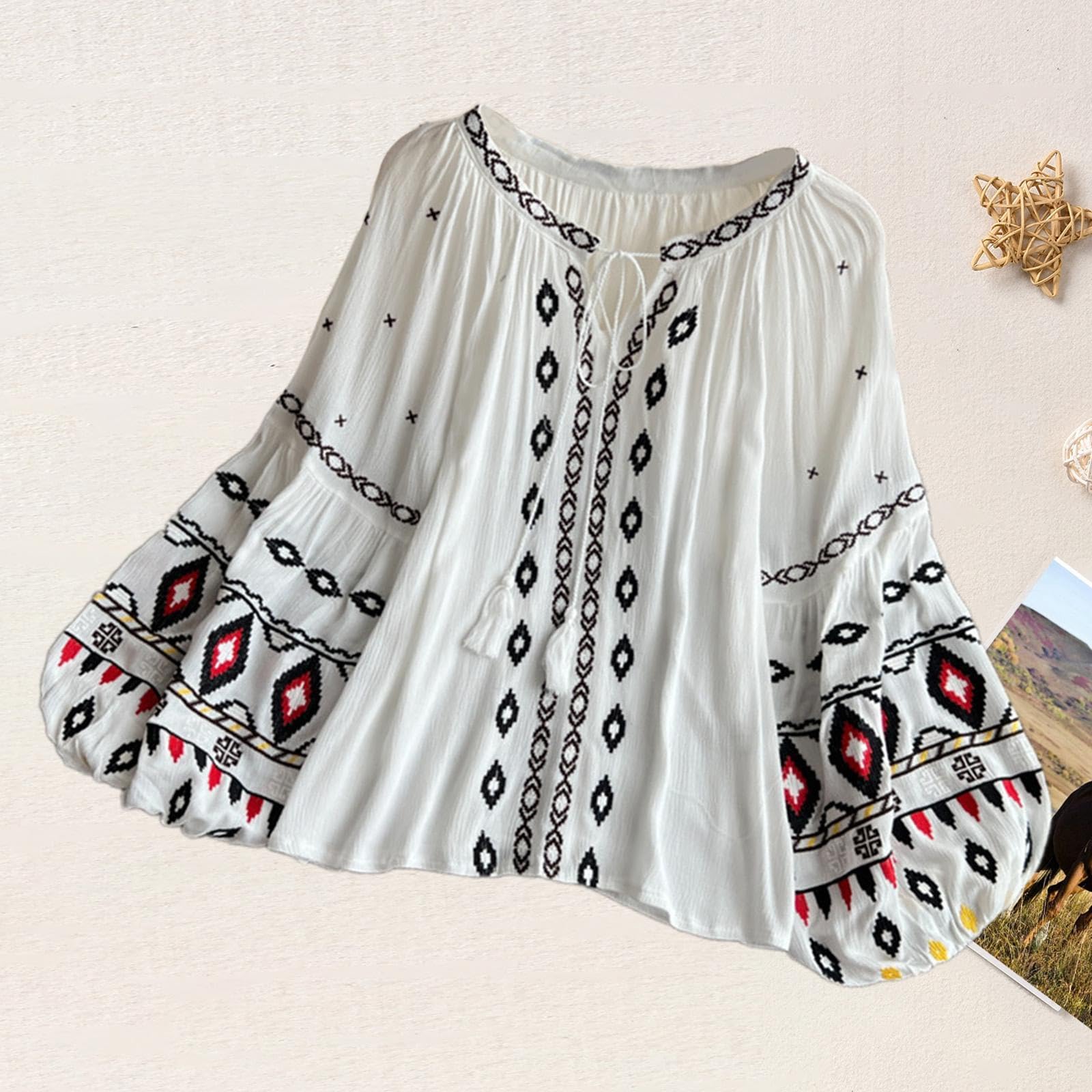 Blouse Brodée Femme en Coton Lin Tendance Coupe Droite Manches Ballon Style Ethnique Chic Vêtement Polyvalent pour Bureau Sorties Plage Fêtes