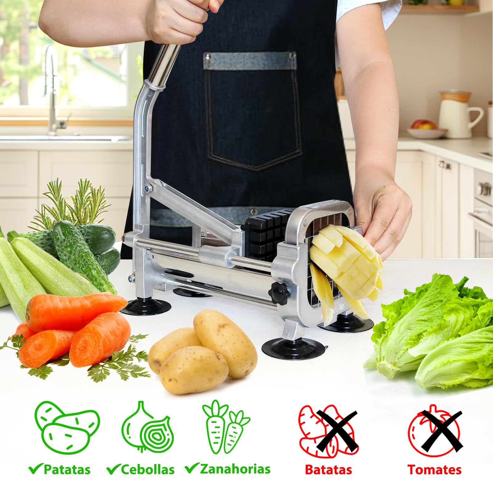 Anatole Cortador de Patatas Fritas Profesional Manual con 13mm Cuchilla | Cuchilla de Acero Inox, Picadora de Papas Finas, 4 Ventosas, Compacto, para Zanahoria Pepino Cebolla, para Cocina de Casa