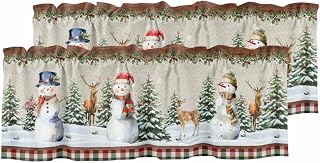 Christmas Cute Snowman Valance for Window Elk Snowflakes Winter Tree Plaid Kitchen Valance Rod Pocket Short Curtain Topper Decorative Window Treatment for Living Room Bedroom 42"x18"