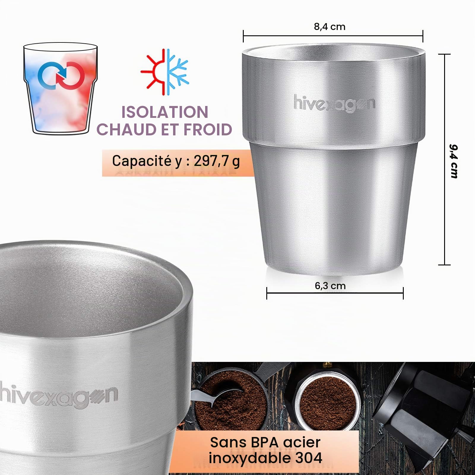 Hivexagon Set de 8 tasses, timbales à double paroi en acier inoxydable de 300ml- Goblets Parfait pour les boissons froides - Passe au Lave-vaisselle HG298
