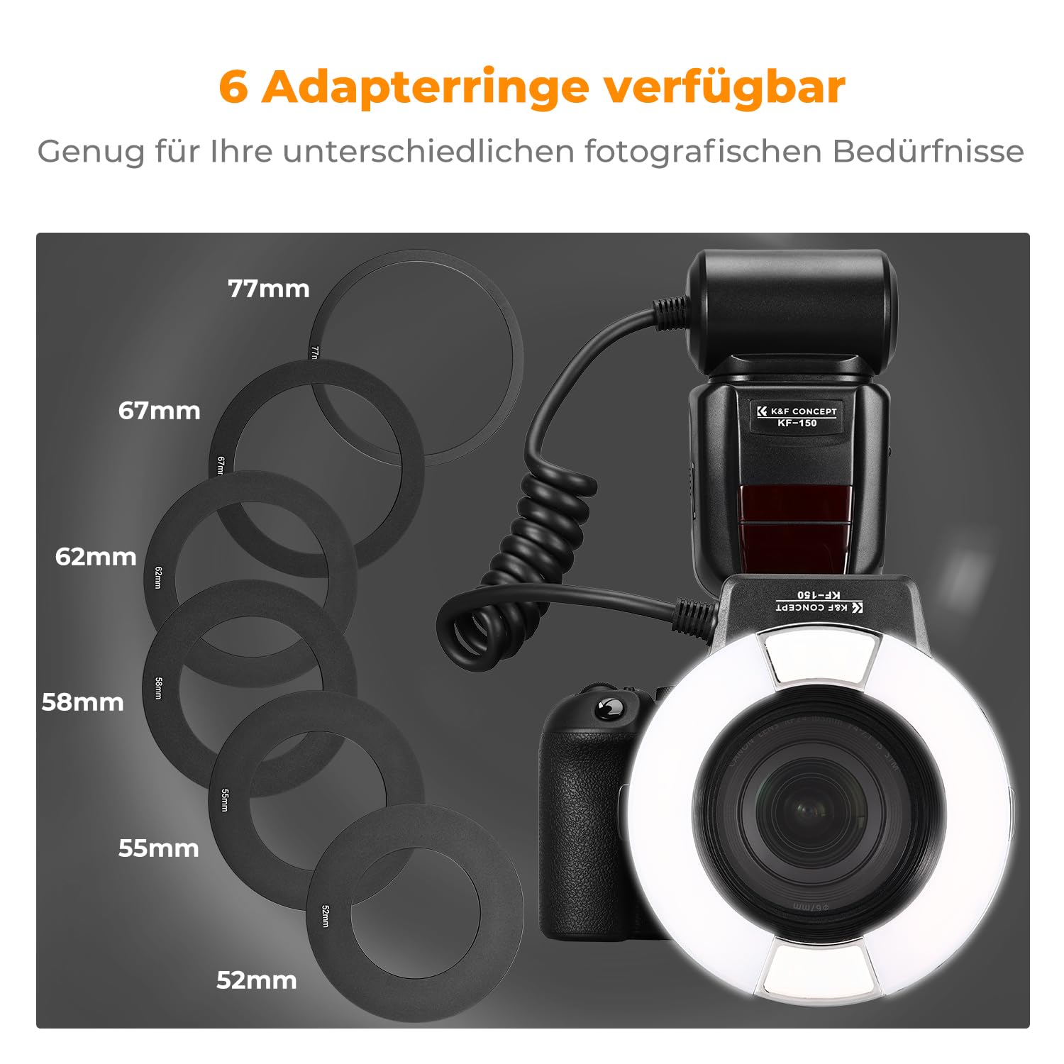 K&F CONCEPT TTL Makroblitz Ringblitz Ringleuchte Blitzgerät mit AF-Hilfslicht Adapterringe | Dual-Blitzröhren Ringblitz Kompatibel mit Nikon DSLR GN14 /D7100/D7200/D50/D70/D80/D500/D750